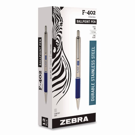 Zebra Pen F-402 Ballpoint Pen, Retractable, Fine 0.7 mm, Blue Ink, Stainless Steel/Blue Barrel 29220